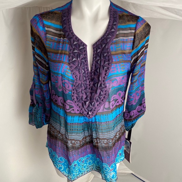 Hale Bob sheer silk purple multicolor bead v-neck top - Picture 1 of 11